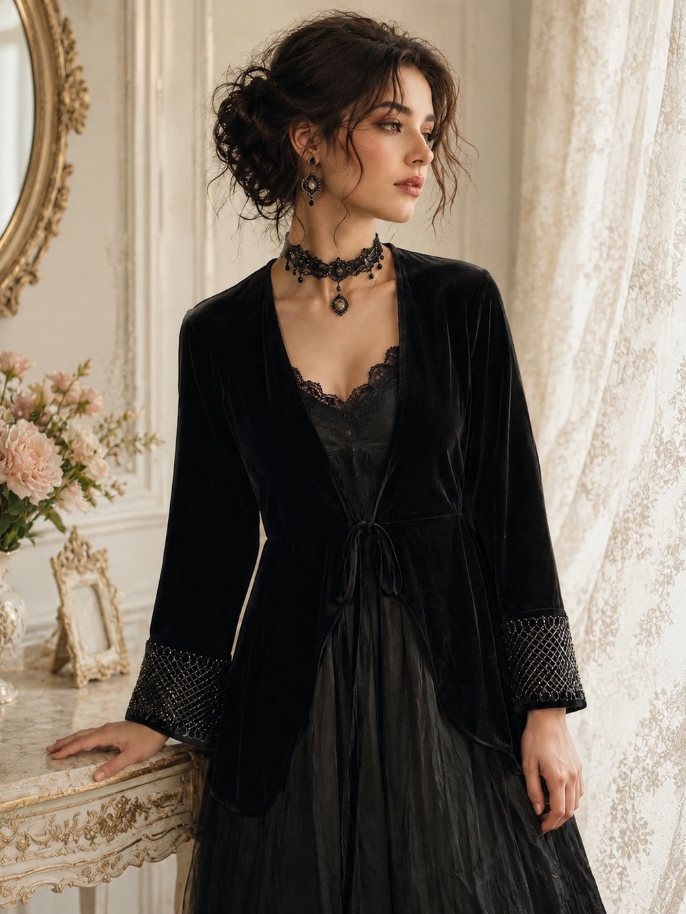Zara Velvet Beaded Black Victorian Cardigan